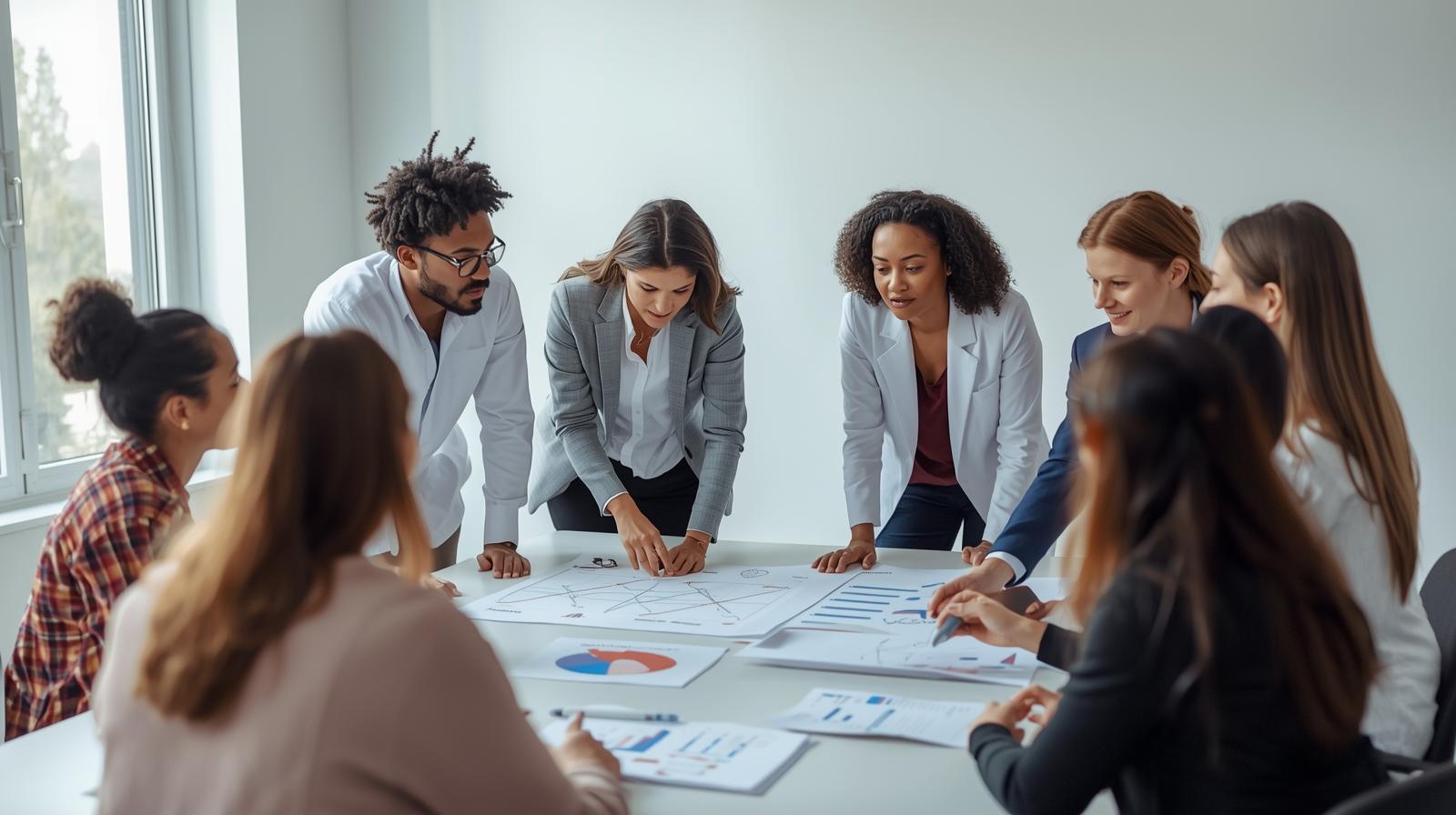 _ 4. Strategisch overleg over zorgprocessen__Afbeelding van een team dat strategisch overlegt over zorgprocessen, met focus op efficiëntie en samenwerking. Dit benadrukt de planning en coördinatie die nodig 